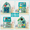 Montessori play house with sensory games, featuring a front view showcasing various educational activities for kids.