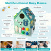 Montessori play house in blue with sensory games, featuring a clock, zipper, and storage space for educational fun.
