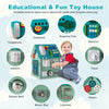 Montessori play house in blue with sensory games, storage space, and educational features for kids' fine motor skills.
