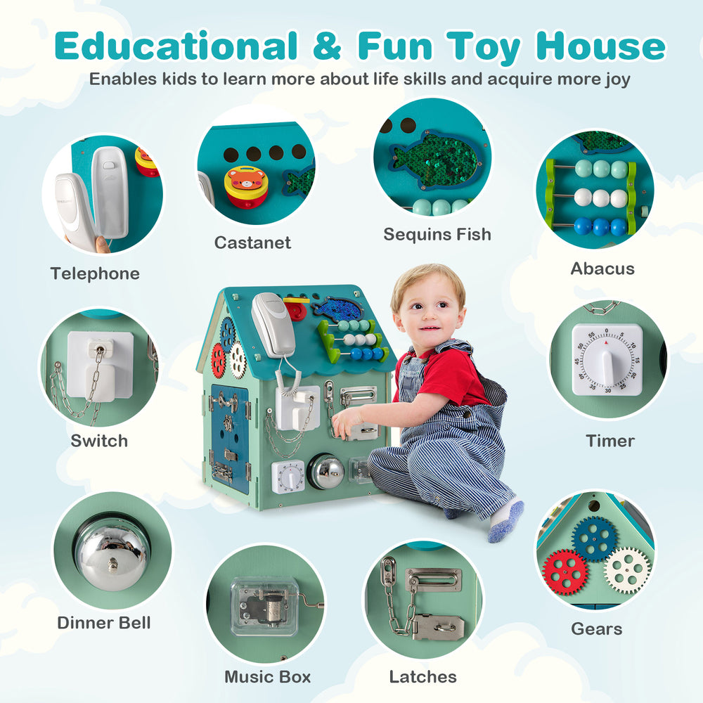 Montessori play house in blue with sensory games, storage space, and educational features for kids' fine motor skills.