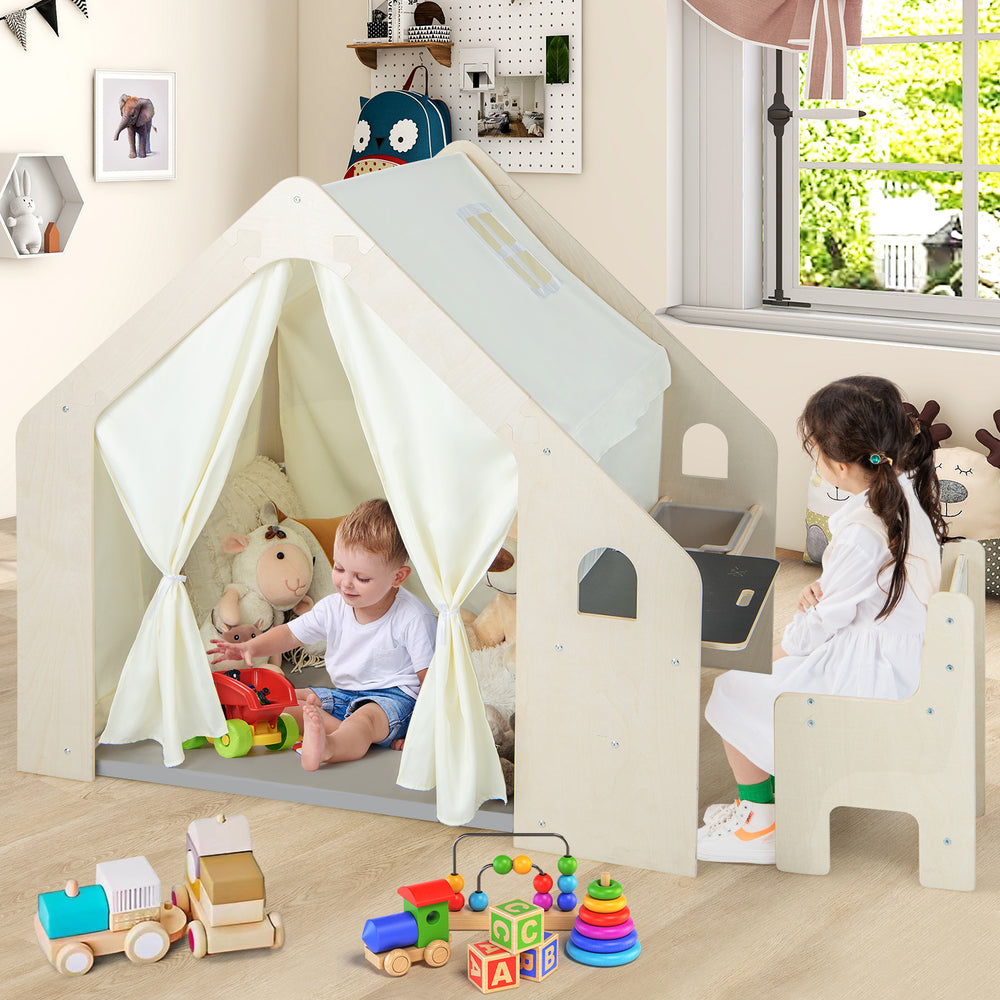 Montessori style indoor playhouse with storage bin, featuring a blackboard and ergonomic chair for toddlers aged 2-6.