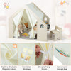 Montessori style indoor playhouse in beige with storage bin, floor mat, and ventilated windows for toddlers aged 2-6.