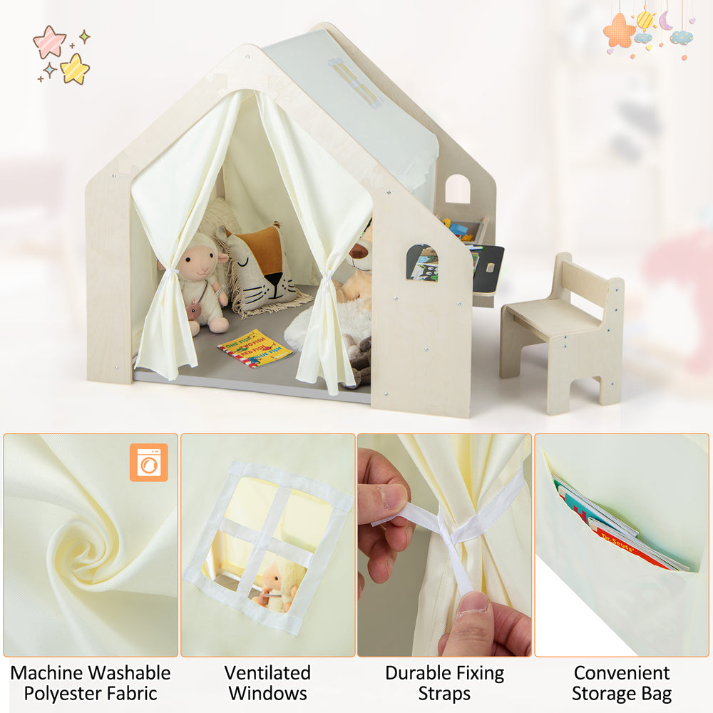 Montessori style indoor playhouse in beige with storage bin, floor mat, and ventilated windows for toddlers aged 2-6.