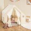 Montessori style indoor playhouse in beige with storage bin, featuring a comfortable mat and blackboard for toddlers.