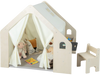 Montessori style indoor playhouse with beige finish, storage bin, and floor mat for toddlers aged 2-6 years old.