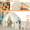 Montessori style indoor playhouse in beige with storage bin, blackboard, and ergonomic chair for toddlers aged 2-6.