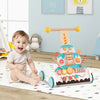 Wooden baby walker with adjustable height, smooth wheels, and cake-themed design for fun and safe walking support.