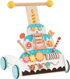 Wooden baby walker with cake-themed design, adjustable height, smooth wheels, and storage compartment for kids' toys.