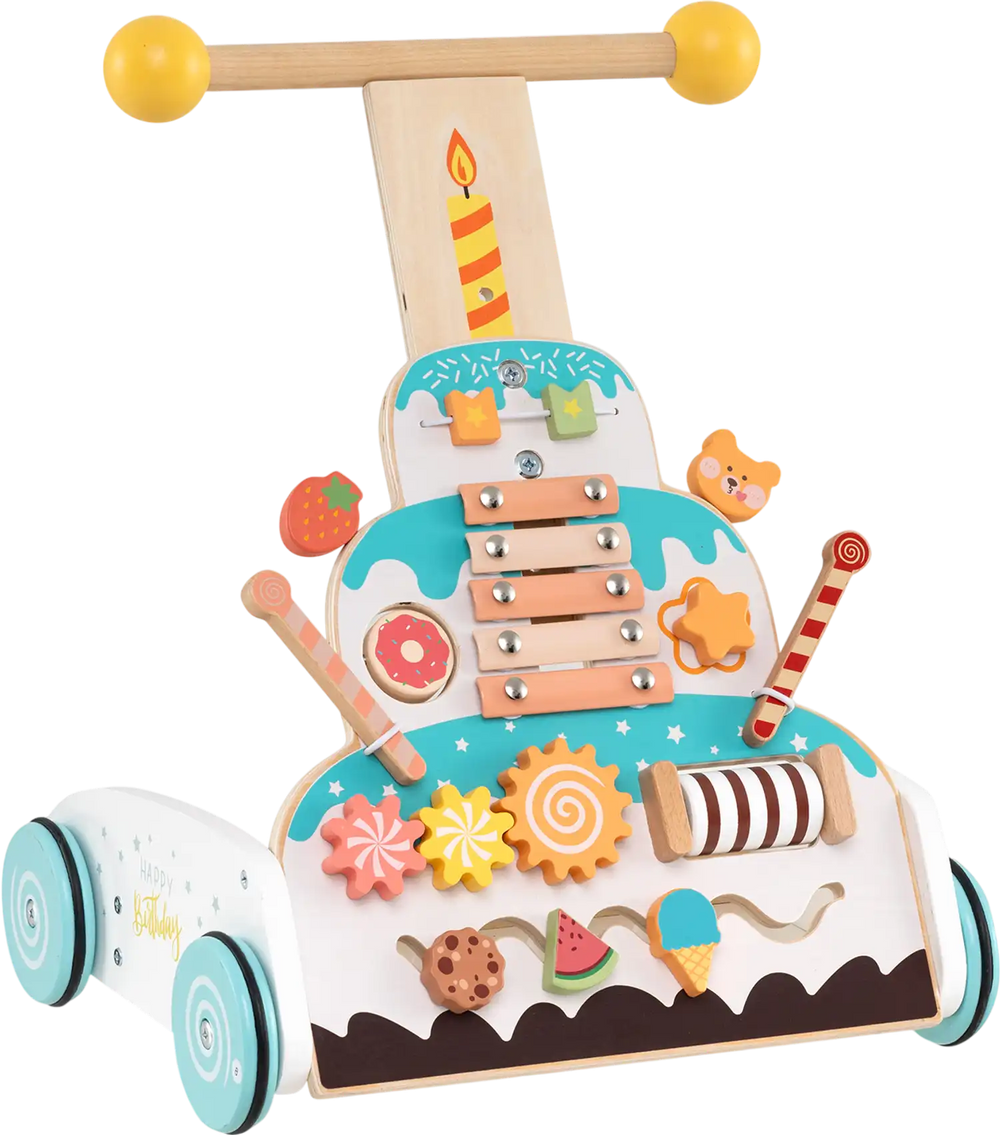 Wooden baby walker with cake-themed design, adjustable height, smooth wheels, and storage compartment for kids' toys.