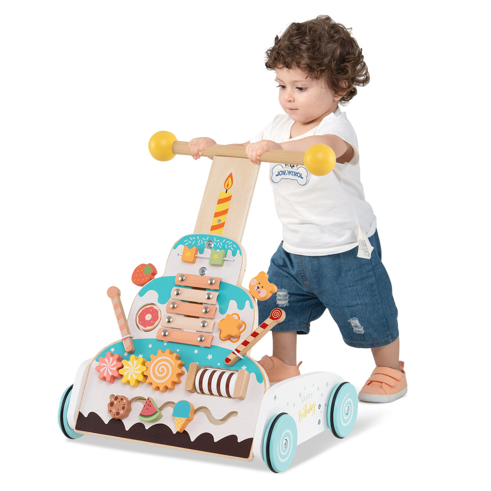Wooden baby walker with adjustable height, cake-themed design, and smooth wheels for safe, quiet movement.