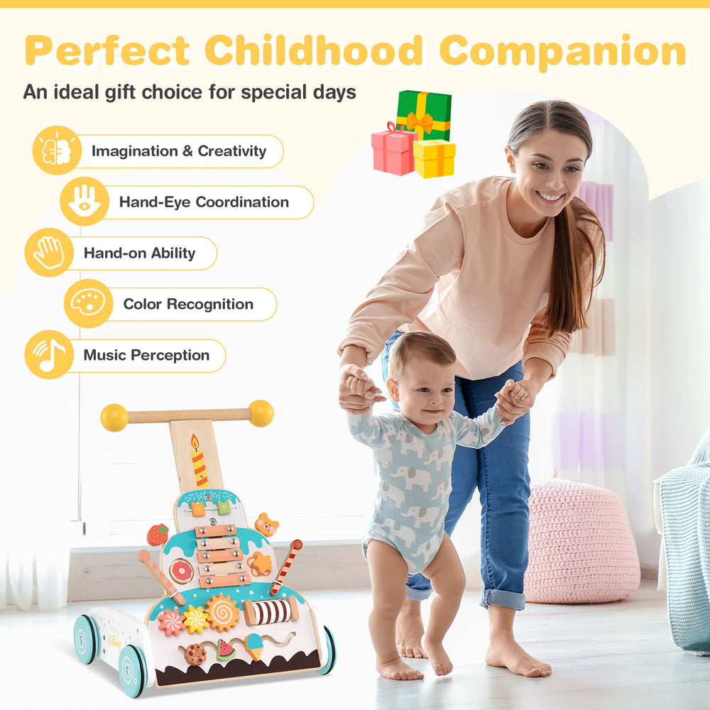 Wooden baby walker in white with adjustable height, smooth wheels, and cake-themed design for safe learning and play.