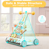 Wooden baby walker with adjustable height, smooth wheels, and cake-themed design for safe and fun learning to walk.