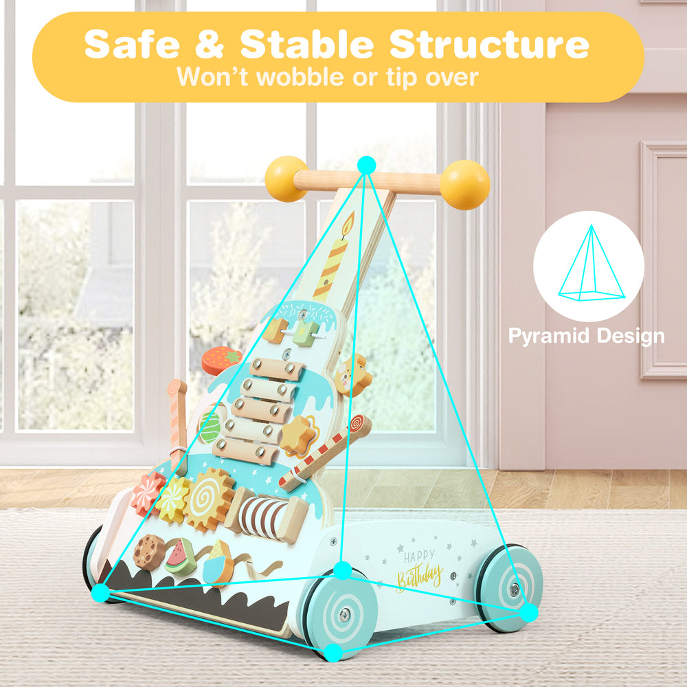 Wooden baby walker with adjustable height, smooth wheels, and cake-themed design for safe and fun learning to walk.