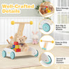 Wooden baby walker with adjustable height, smooth wheels, and storage compartment for kids' toys and belongings.
