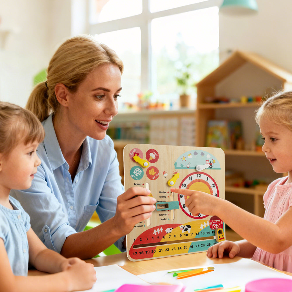 Montessori wooden educational clock toy for toddlers, featuring colorful sliders and a child-friendly design for.