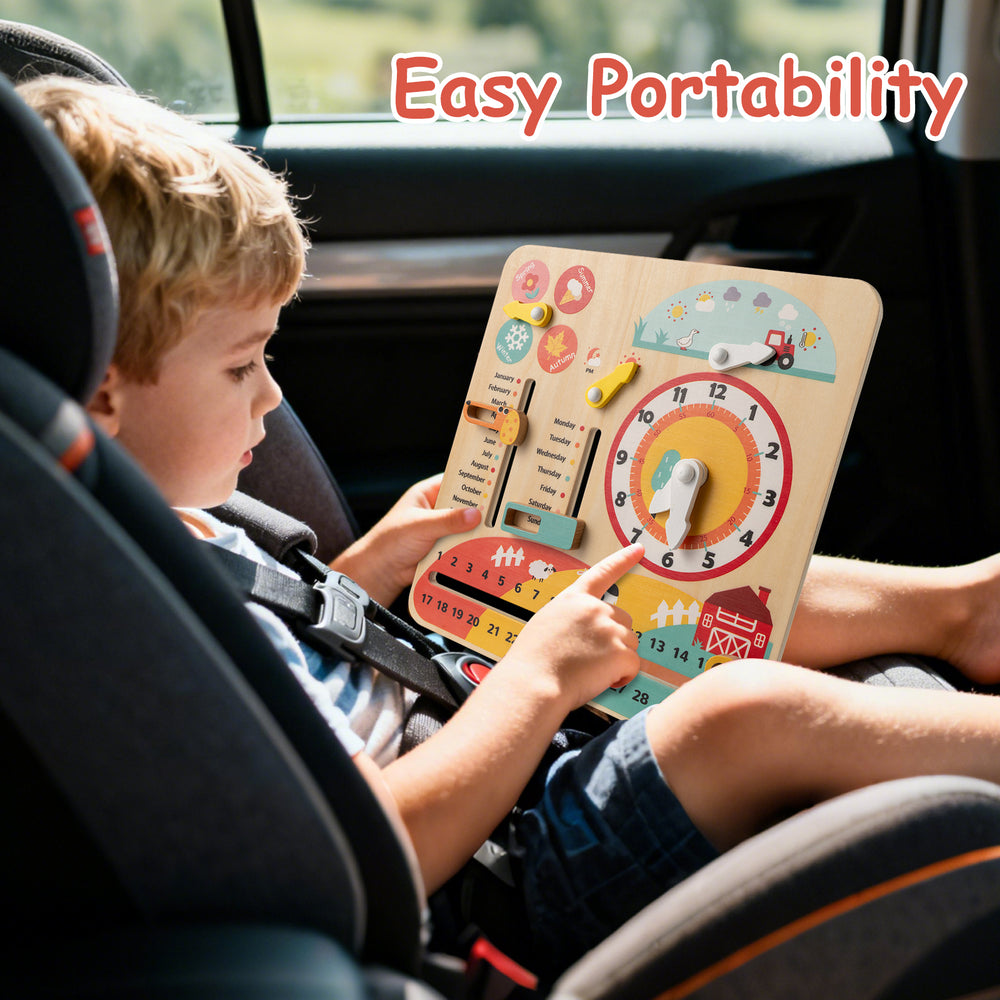 Montessori wooden educational clock toy for toddlers, featuring cartoon sliders and premium beech wood for safe.