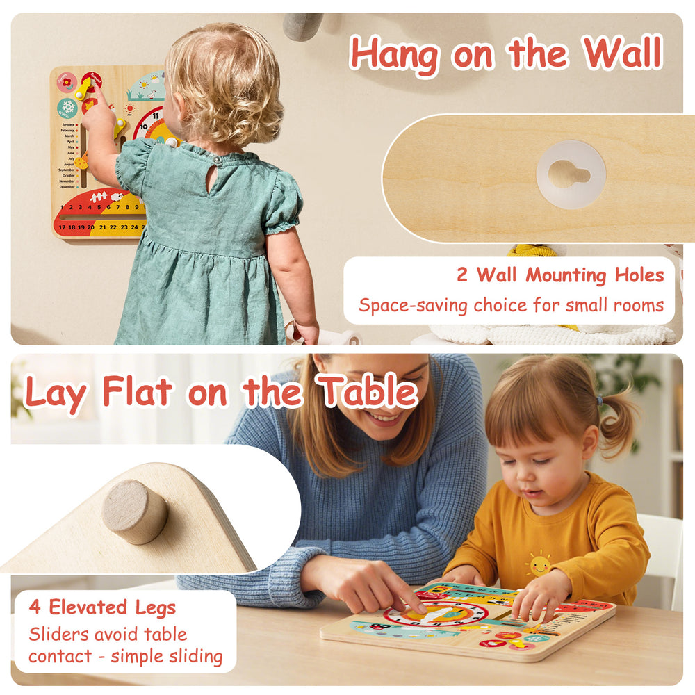 Montessori wooden educational clock toy with cartoon sliders, designed for toddlers, can be hung or laid flat for.