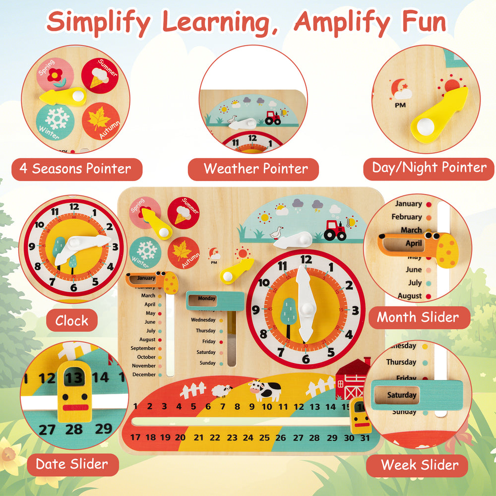 Montessori wooden educational clock toy featuring sliders for seasons, weather, and time, designed for toddlers'.