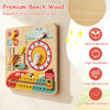 Montessori wooden educational clock toy with cartoon sliders, made of premium beech wood, designed for toddler learning.