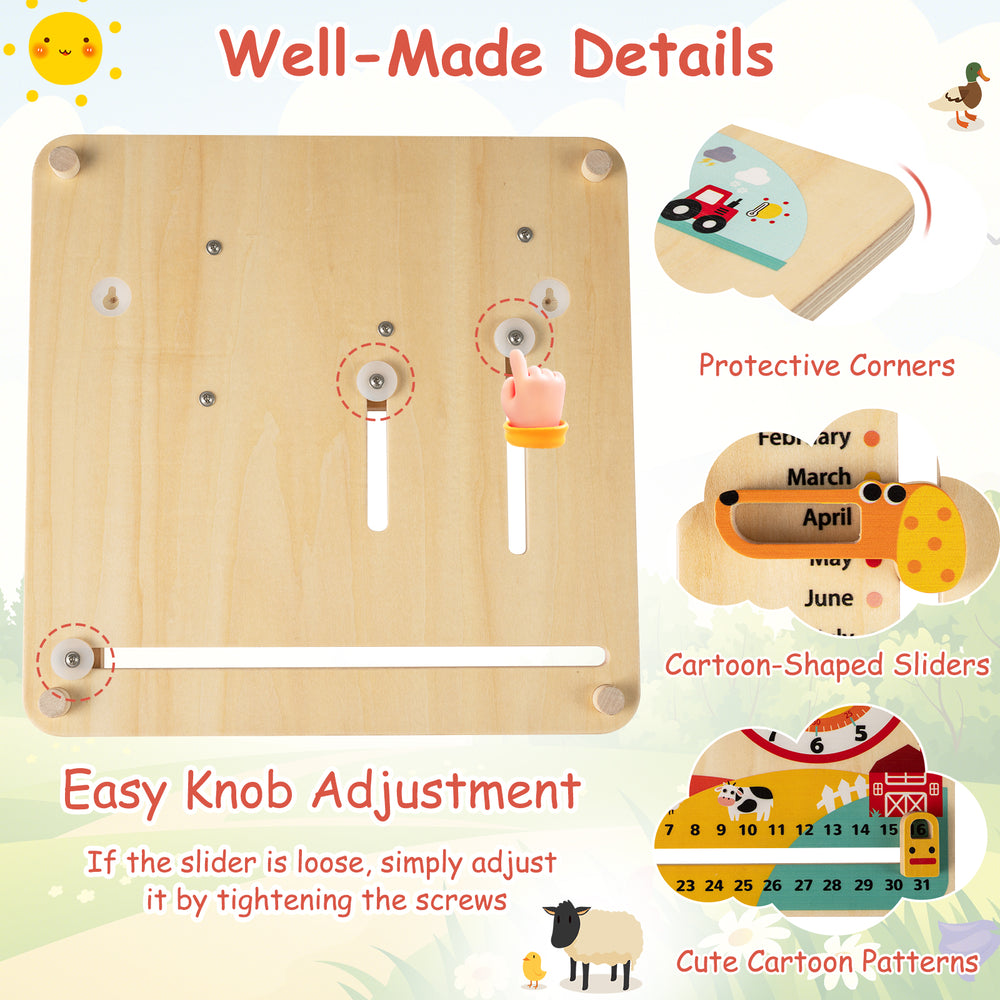 Montessori wooden educational clock toy with cartoon-shaped sliders, protective corners, and easy knob adjustment for.