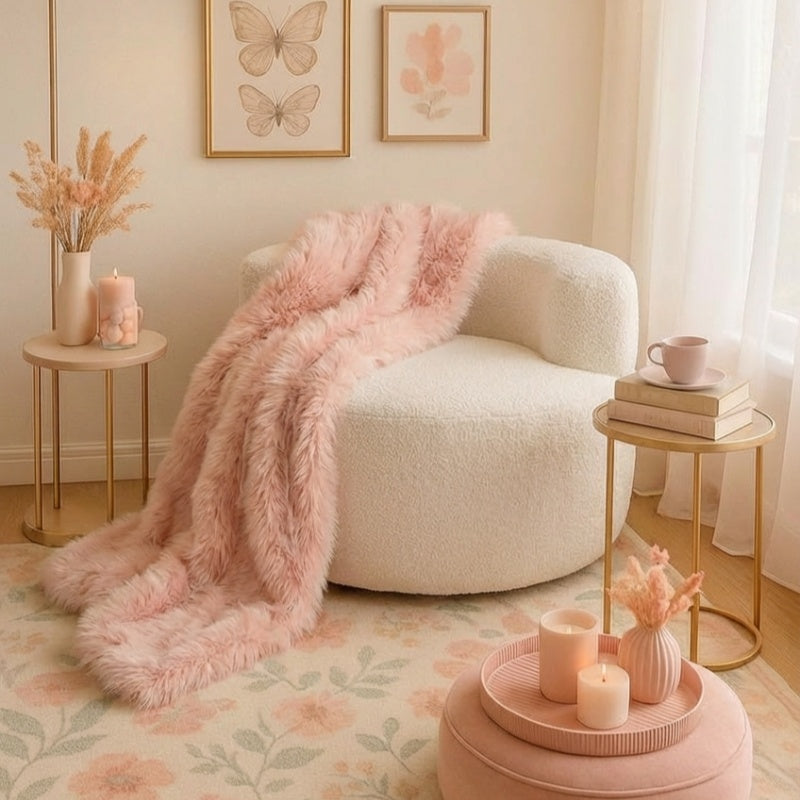 Moon-shaped single sofa chair in beige teddy fleece with a cozy throw, perfect for relaxation in a stylish living space.