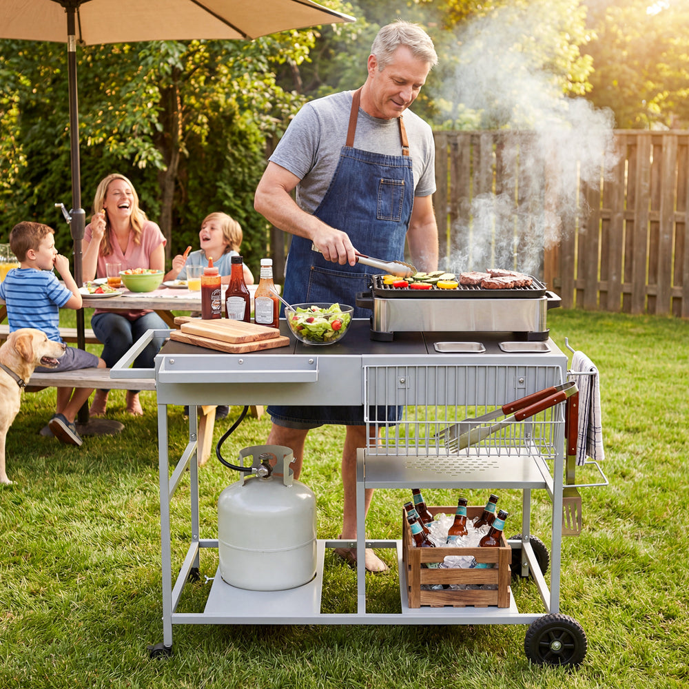 Movable grill table with spacious black tabletop, condiment caddies, and gas tank holder, perfect for backyard BBQs.
