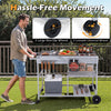 Movable grill table with spacious 37.5” x 24.5” tabletop, stainless steel condiment caddies, and lockable wheels for.