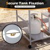 Movable grill table with built-in gas tank holder, featuring a sturdy metal frame and lockable wheels for outdoor BBQs.