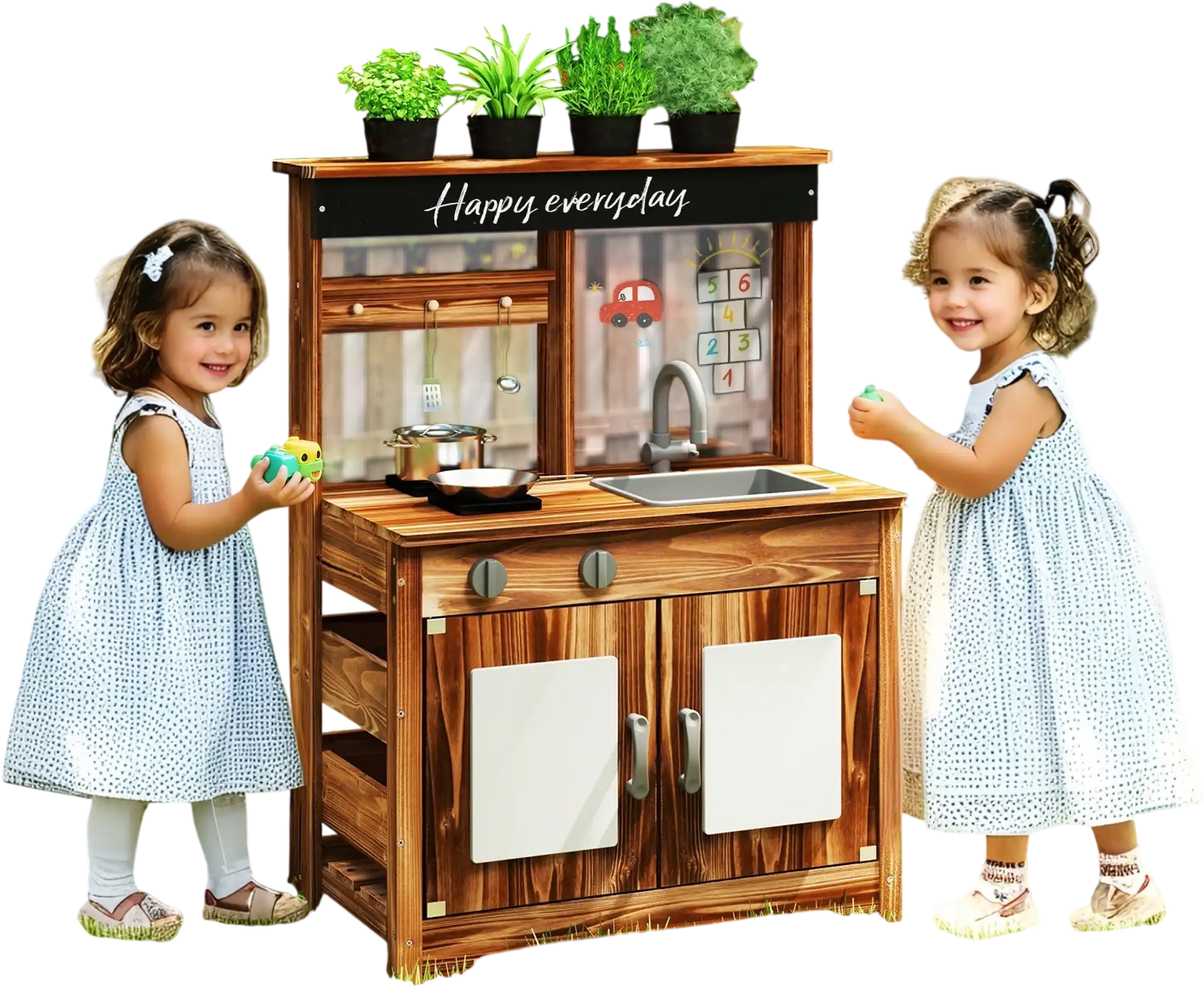 Costway Fir Wood Mud Kitchen Playset w/ 4 Planting Pots Faucet Removable Sink 574321968 New
