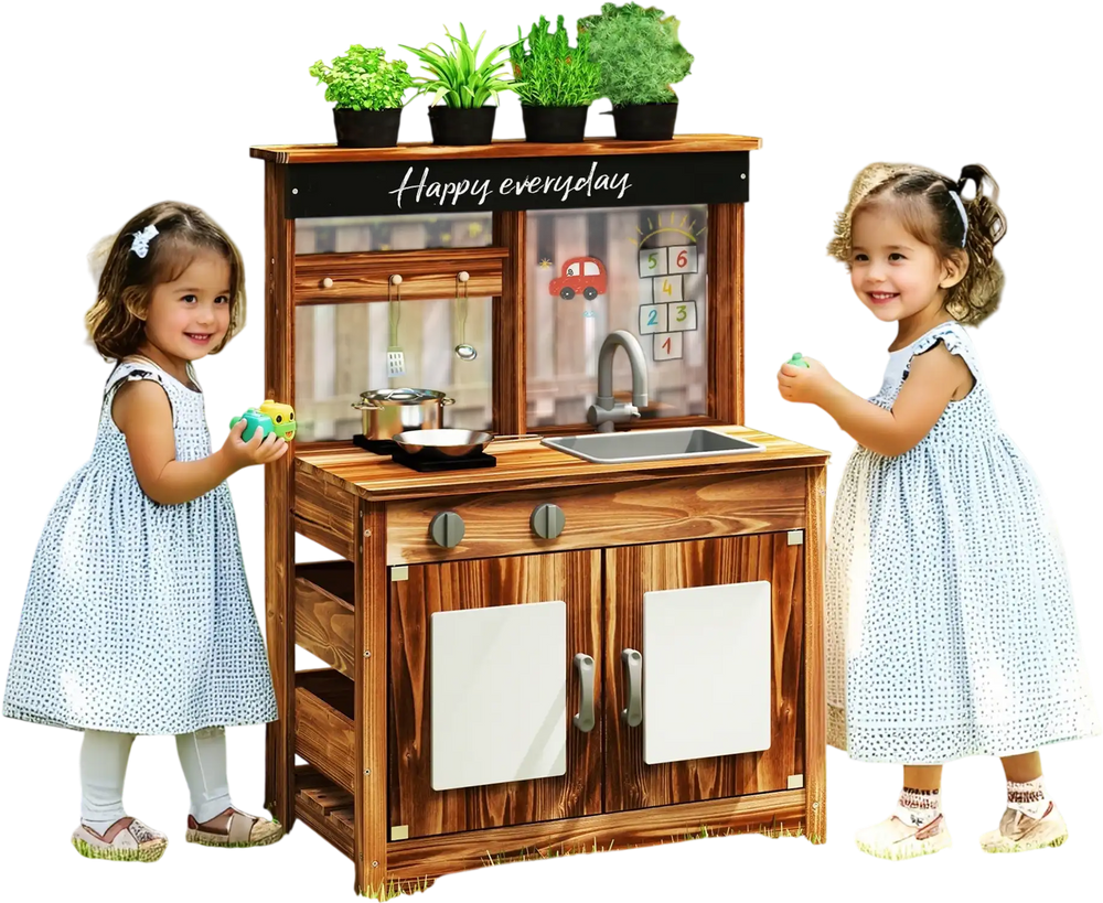 Mud kitchen made of natural fir wood with removable sink, featuring 4 planting pots for kids' gardening fun.