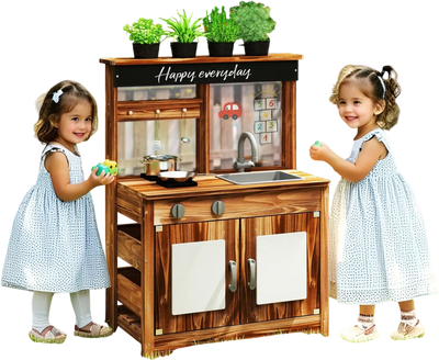 Costway Fir Wood Mud Kitchen Playset w/ 4 Planting Pots Faucet Removable Sink 574321968 New