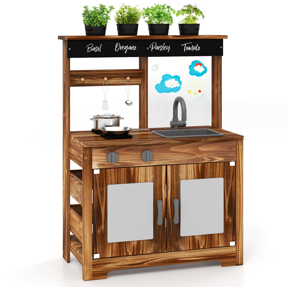 Mud kitchen made of natural fir wood with removable sink, faucet, and 4 planting pots for imaginative outdoor play.
