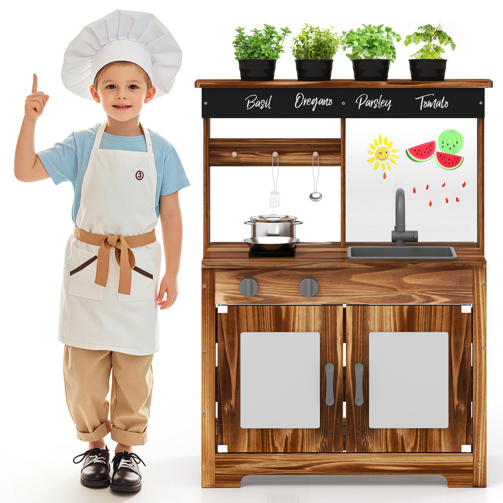 Mud kitchen playset made of natural fir wood with removable sink, planting pots, and blackboard for kids' gardening fun.