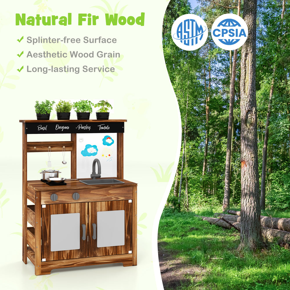 Mud kitchen made of natural fir wood with removable sink, 4 planting pots, and blackboard for creative play.