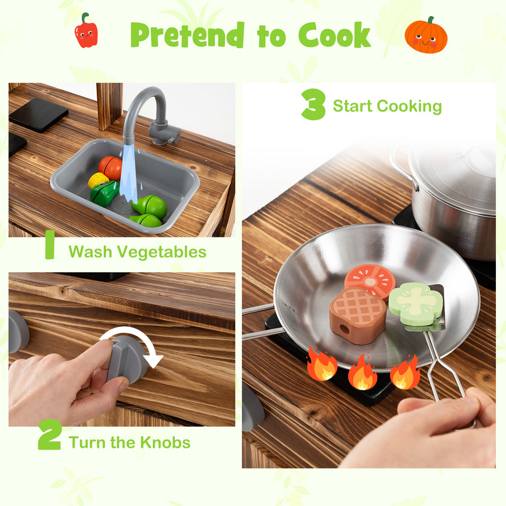 Mud kitchen with removable sink, faucet, and pots for imaginative play, perfect for washing and cooking vegetables.