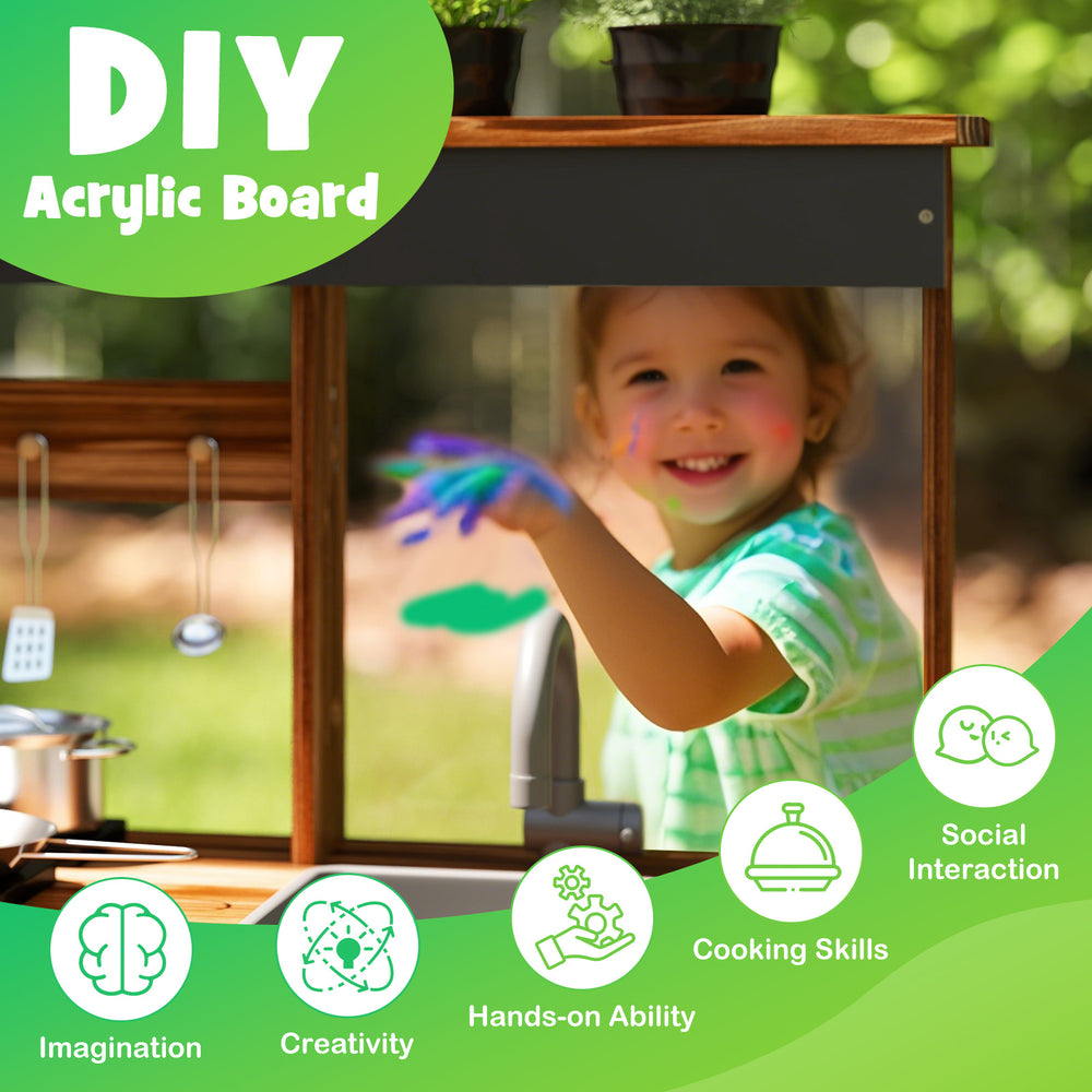 Mud kitchen playset made of natural fir wood with a DIY acrylic board, removable sink, and 4 planting pots for.