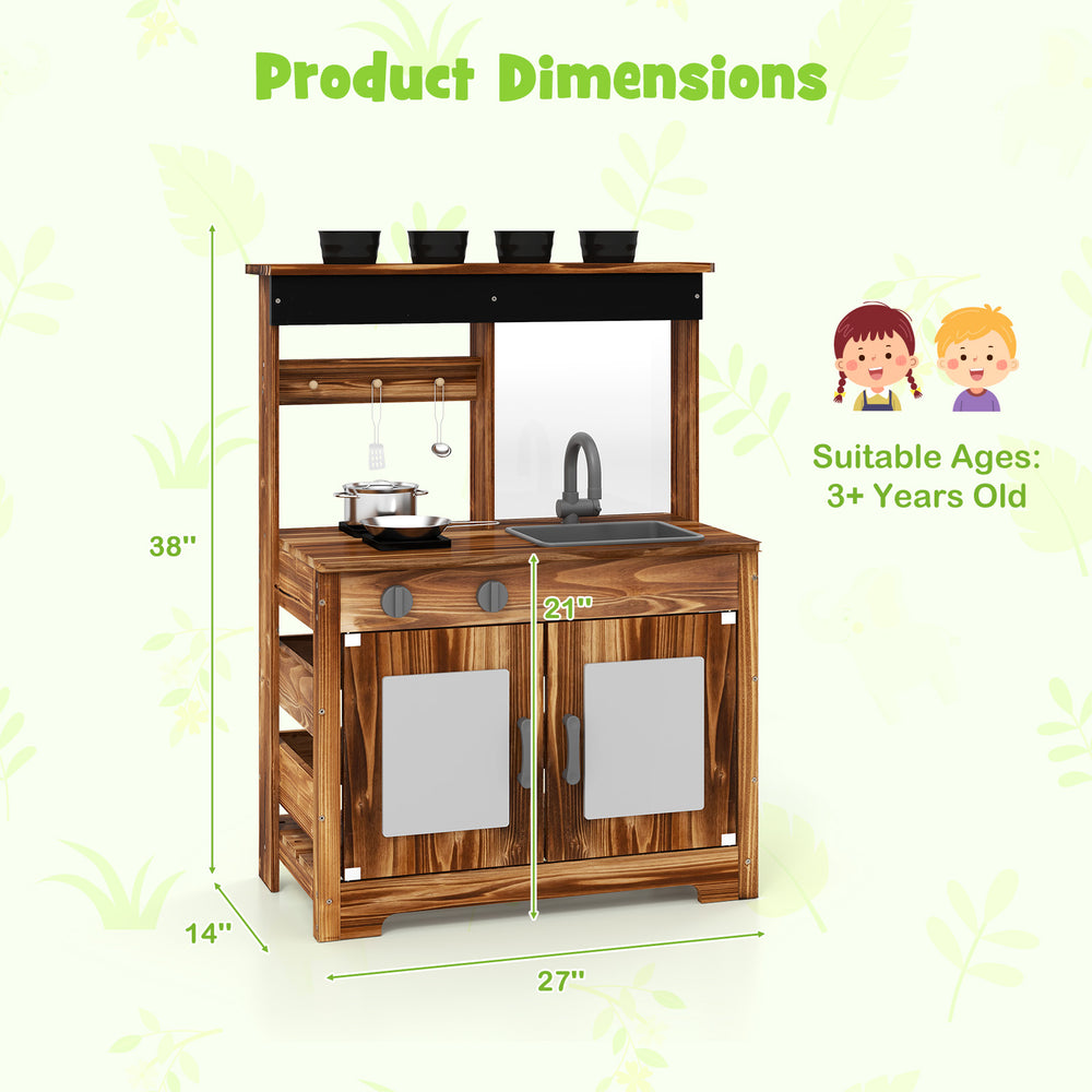 Mud kitchen playset made of natural fir wood, featuring a removable sink, 4 planting pots, and blackboard for kids.