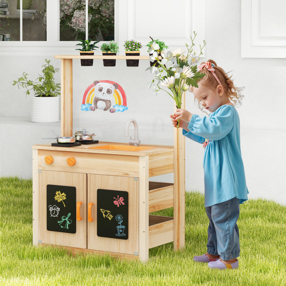 Kids mud kitchen playset in natural fir wood with planting pots, blackboards, and a sink for imaginative outdoor play.