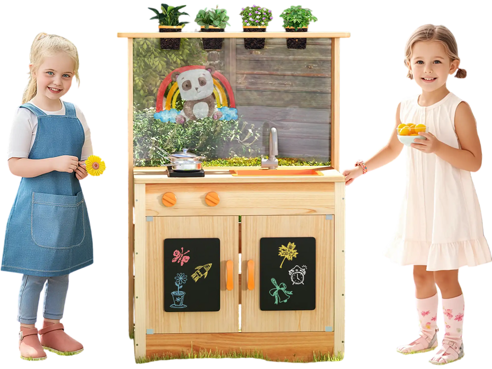 Kids mud kitchen playset made of fir wood with planting pots, blackboards, and accessories for imaginative play.