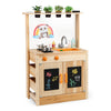 Kids mud kitchen playset in natural fir wood with planting pots, blackboards, sink, and stove for imaginative play.