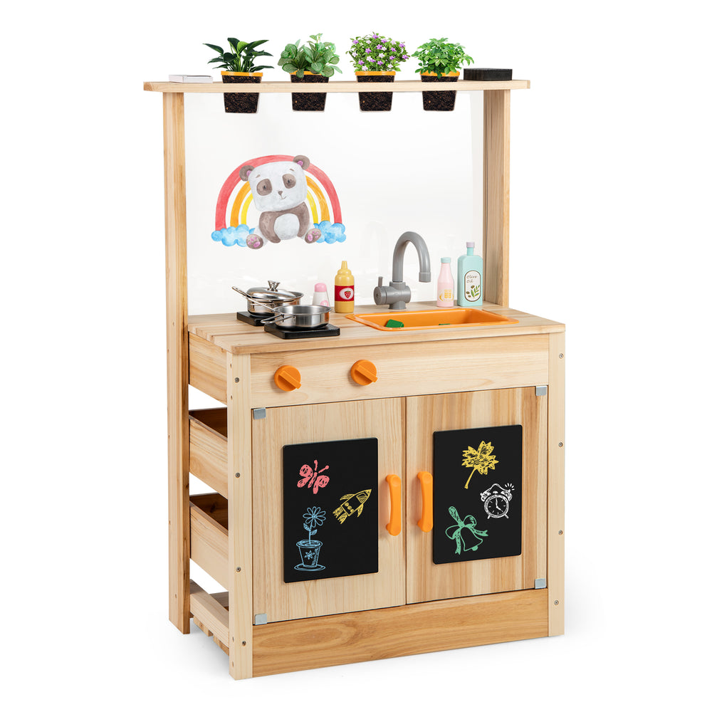 Kids mud kitchen playset in natural fir wood with planting pots, blackboards, sink, and stove for imaginative play.