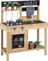 Mud kitchen playset with removable sinks, 2 stoves, and water faucet, made of durable fir wood for outdoor play.