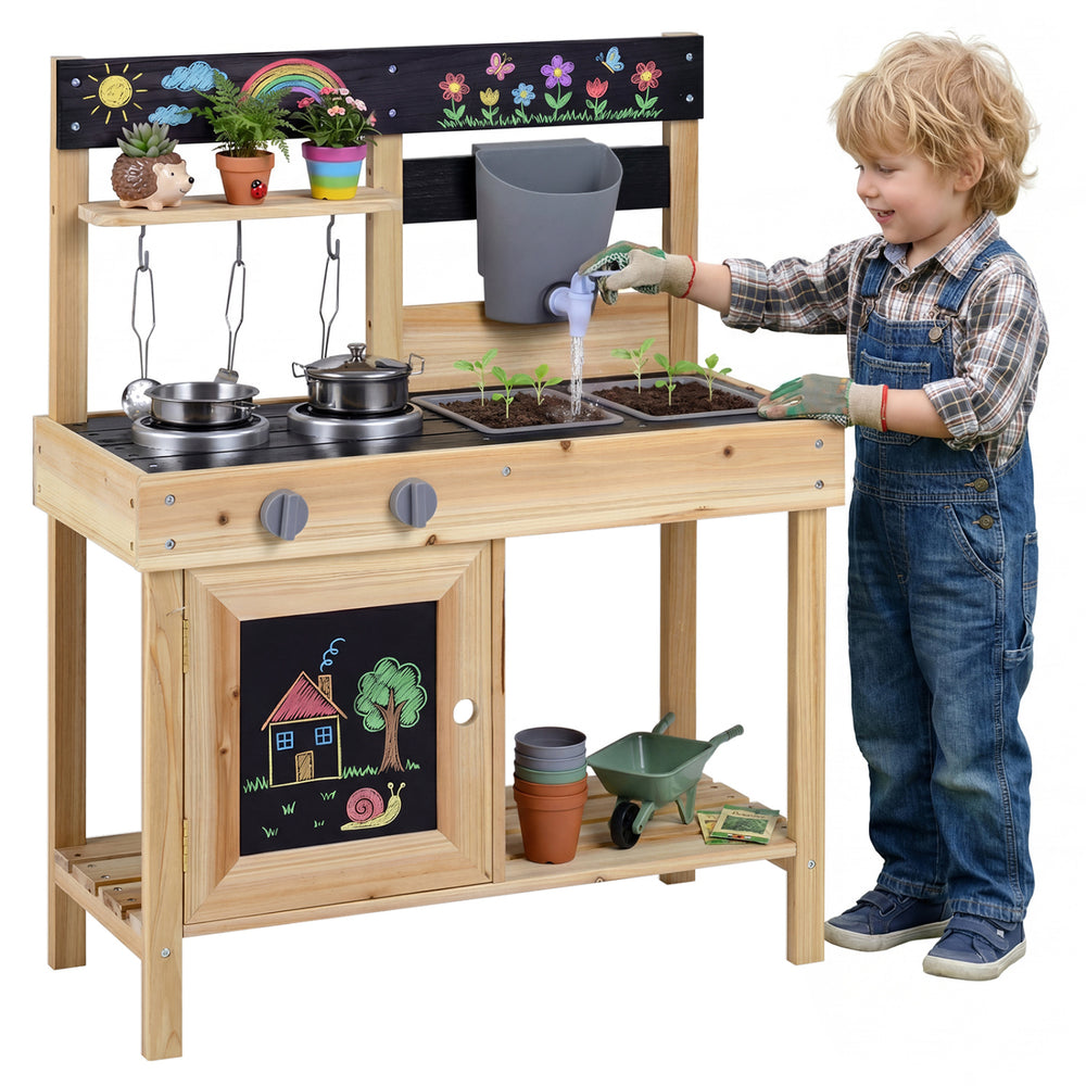 Mud kitchen playset for kids featuring removable sinks, stoves, and a water box, made of durable fir wood for outdoor.