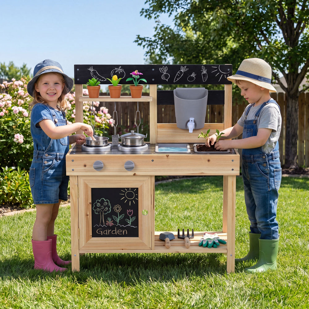 Kids play with the Mud Kitchen Playset featuring removable sinks, stoves, and a water box for outdoor fun.