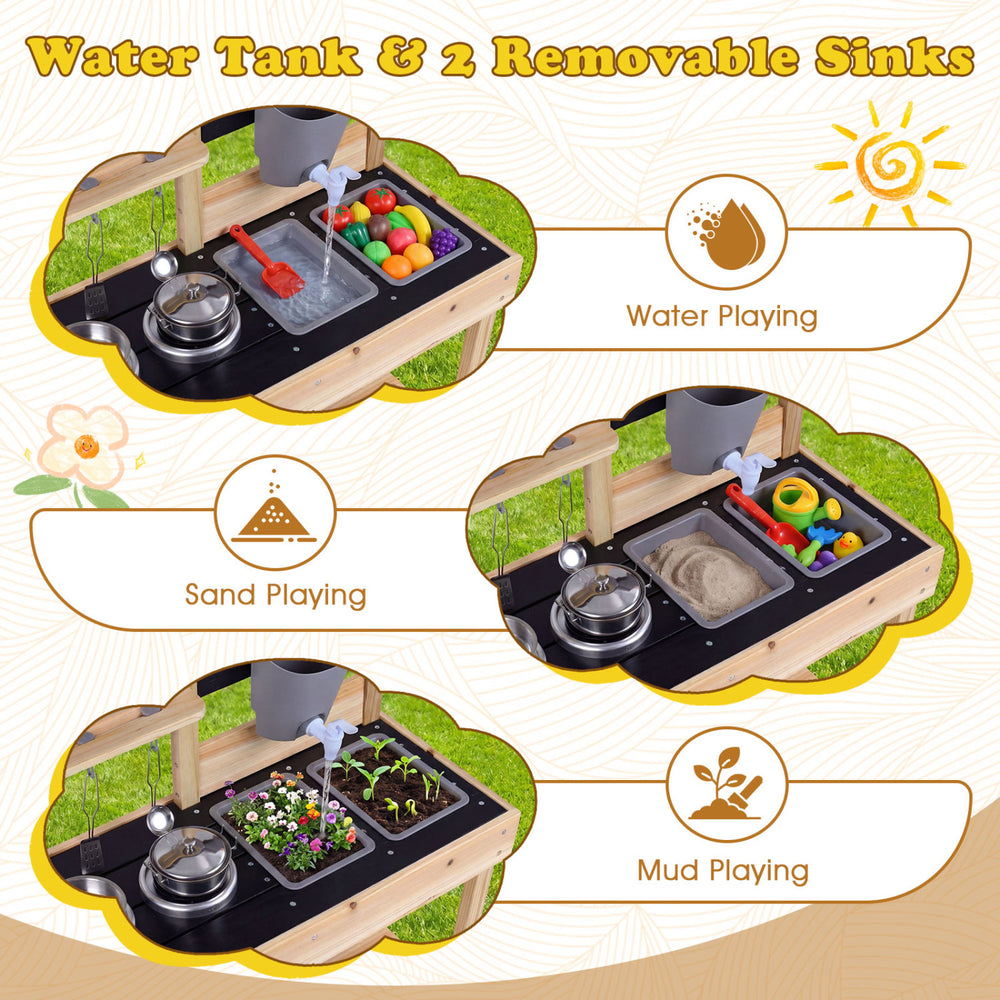 Mud kitchen playset featuring 2 removable sinks, water box, and stoves for outdoor imaginative play.