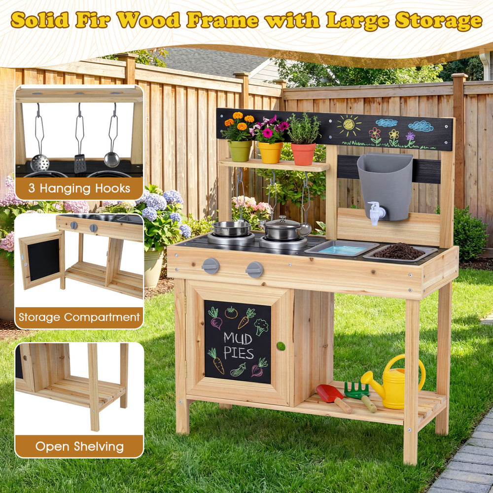 Mud kitchen playset with solid fir wood frame, two removable sinks, and open shelving for outdoor imaginative play.