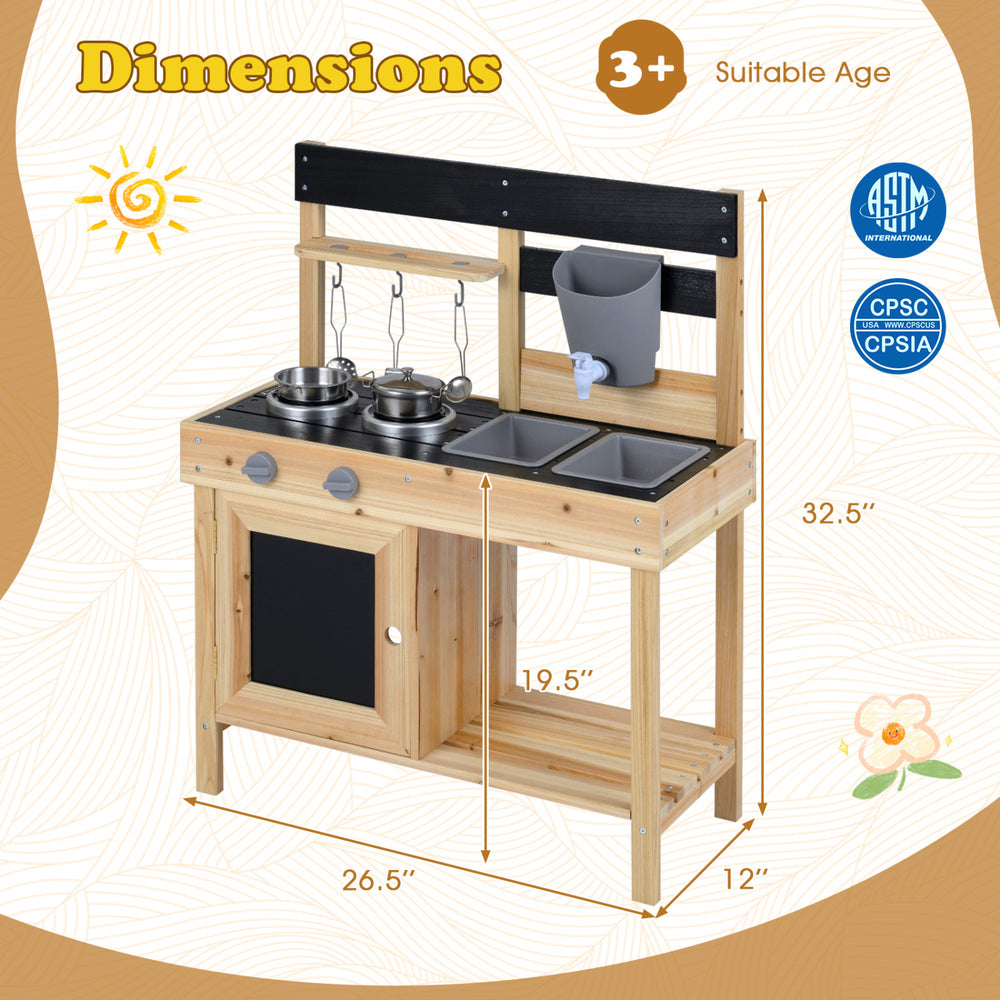 Mud kitchen playset for kids featuring 2 removable sinks, stoves, and a water box, made of premium fir wood.