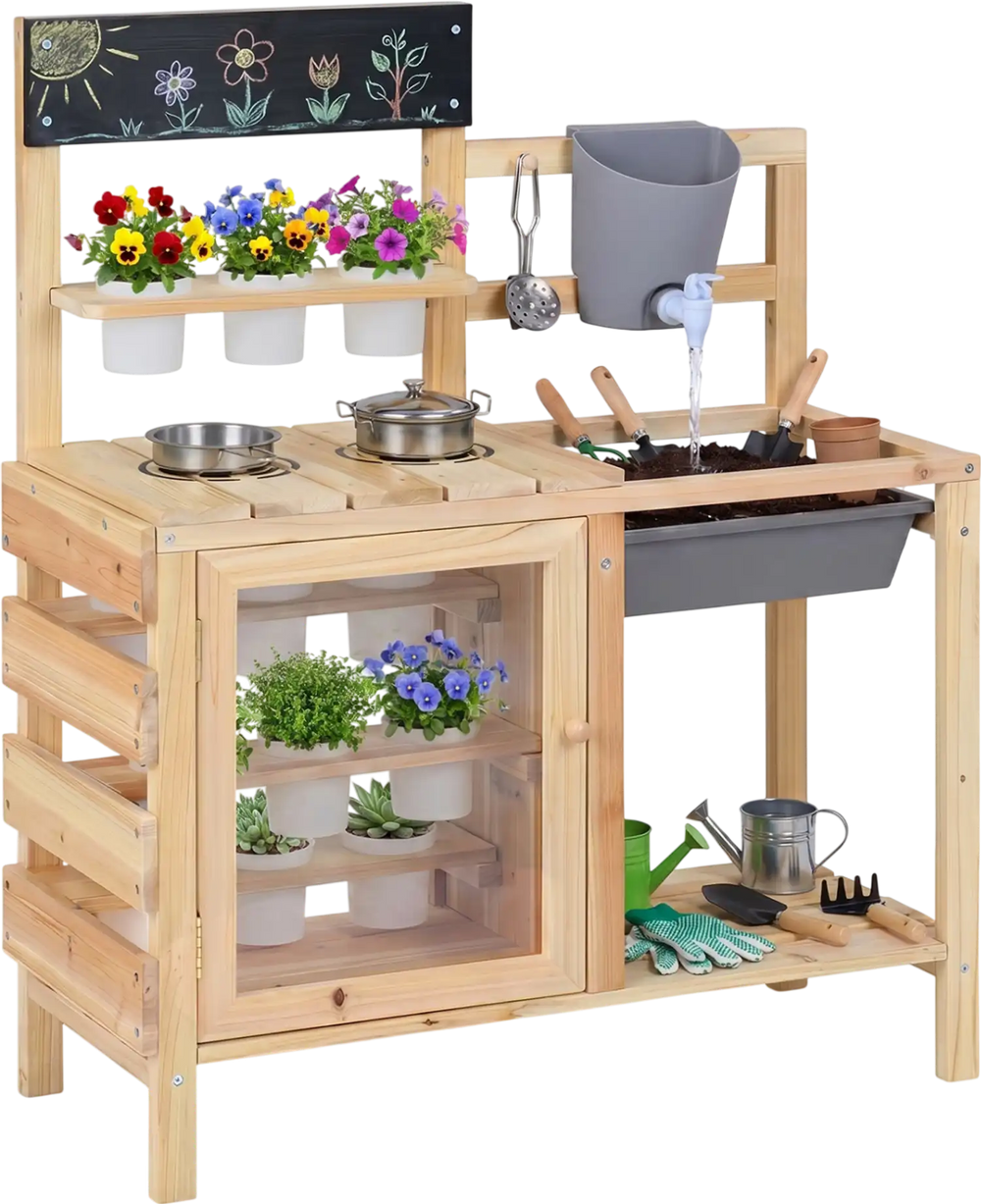 Mud kitchen playset with sink, stainless steel kitchenware, and plant observation room for outdoor fun and gardening.