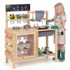 Mud kitchen playset with sink, plant cups, and stainless steel kitchenware, perfect for outdoor play and gardening fun.