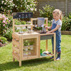 Mud kitchen playset with sink, plant observation room, and stainless steel kitchenware for outdoor fun and creativity.